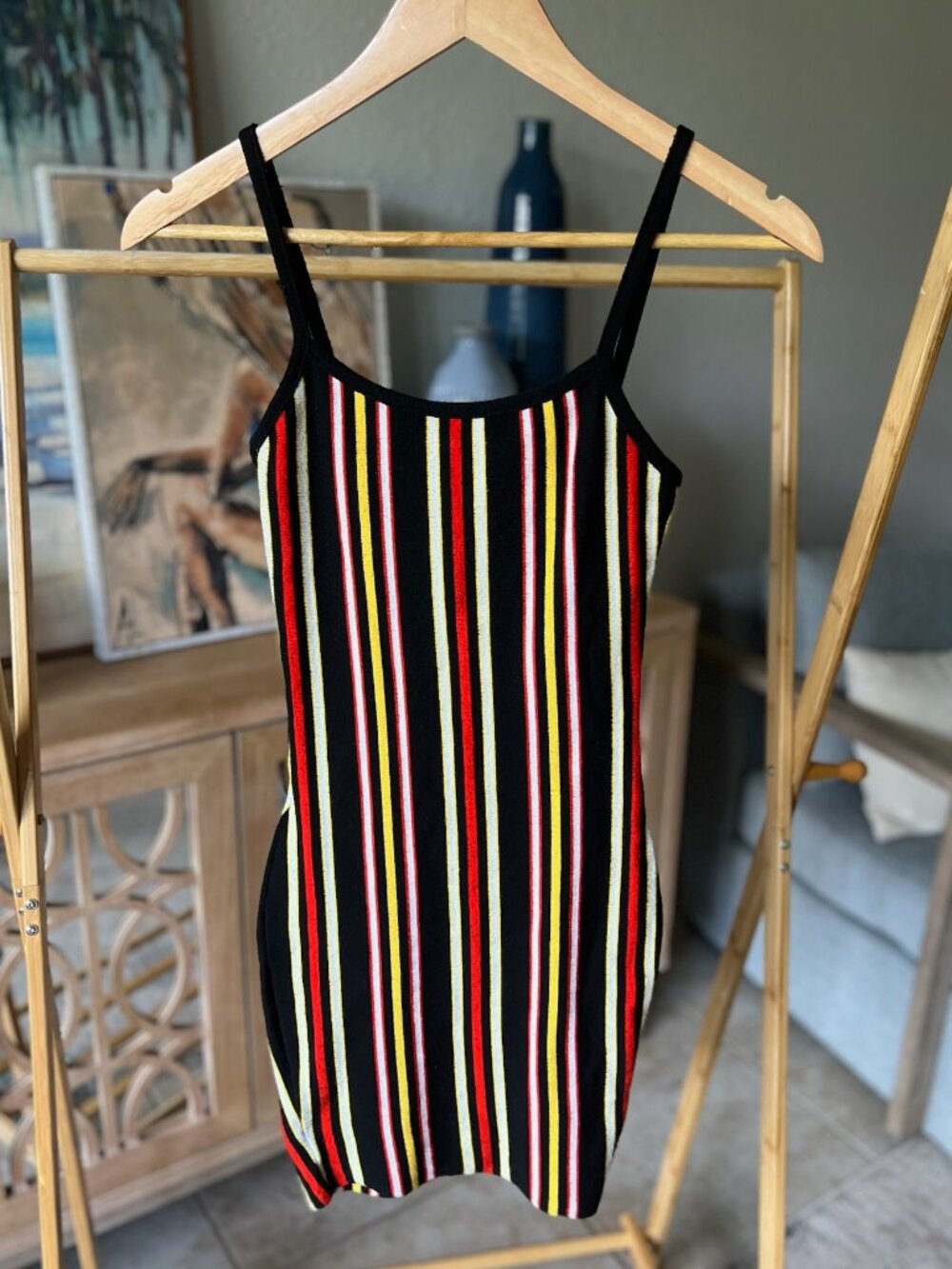 Windsor Black Striped Bodycon Dress | Red Yellow Sleeveless Mini Dress - Size S